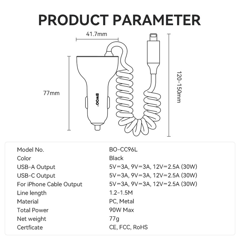 Incarcator auto BWOO CC96L, PD 30 W, 1x USB-C + 1x USB, cablu 1.5m, gri