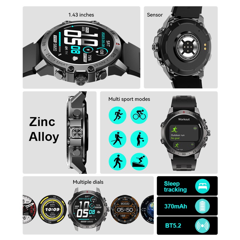Smartwatch BWOO WA-08, AMOLED 1.43 inch, negru, IP67, incarcare 2 h, ecran 1,43 inch, Amoled 1,43 inch 466x466 pix, bluetooth v.5.3
