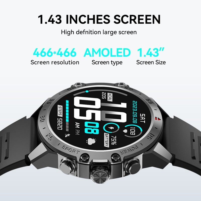 Smartwatch BWOO WA-08, AMOLED 1.43 inch, negru, IP67, incarcare 2 h, ecran 1,43 inch, Amoled 1,43 inch 466x466 pix, bluetooth v.5.3