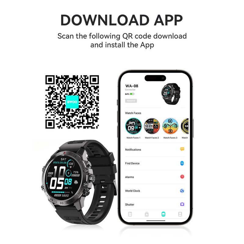 Smartwatch BWOO WA-08, AMOLED 1.43 inch, negru, IP67, incarcare 2 h, ecran 1,43 inch, Amoled 1,43 inch 466x466 pix, bluetooth v.5.3