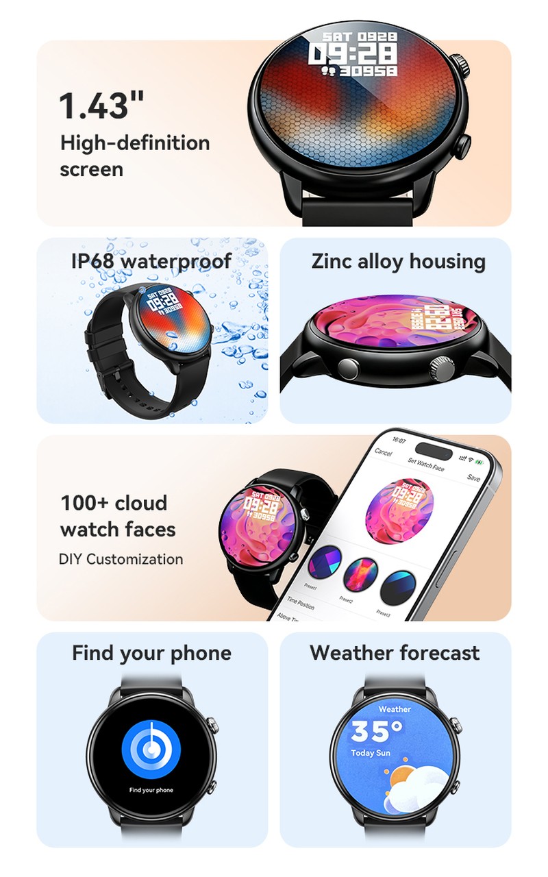 Smartwatch BWOO WA-10, AMOLED 1.32 inch, negru, IP68, incarcare 2 h, ecran 1,32 inch, Amoled 1,32 inch 466x466 pix, 280 mAh, bluetooth v.5.3
