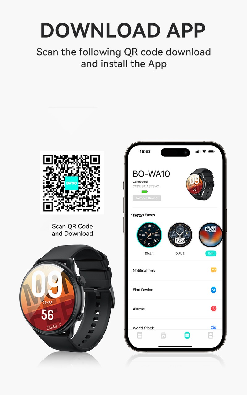 Smartwatch BWOO WA-10, AMOLED 1.32 inch, negru, IP68, incarcare 2 h, ecran 1,32 inch, Amoled 1,32 inch 466x466 pix, 280 mAh, bluetooth v.5.3