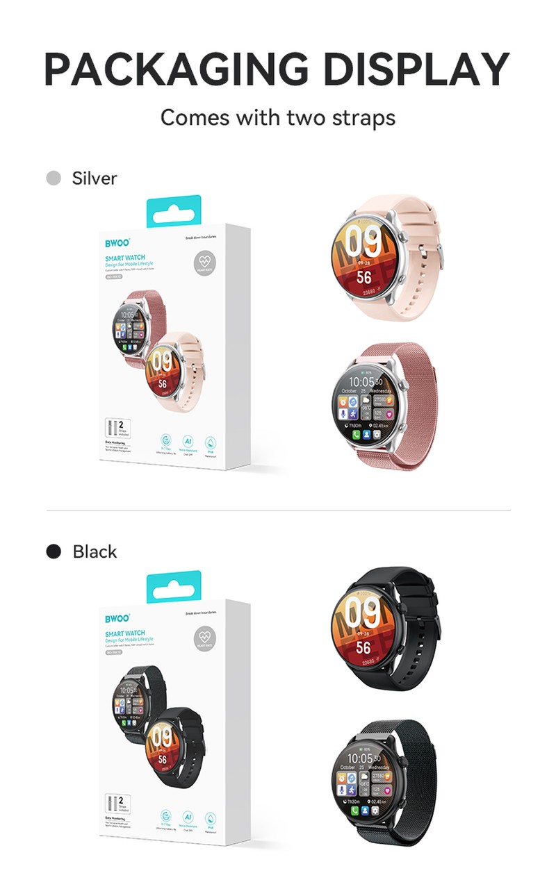Smartwatch BWOO WA-10, AMOLED 1.32 inch, negru, IP68, incarcare 2 h, ecran 1,32 inch, Amoled 1,32 inch 466x466 pix, 280 mAh, bluetooth v.5.3