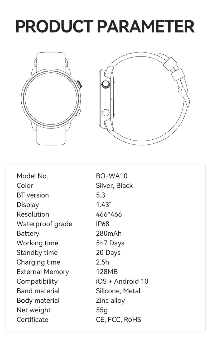 Smartwatch BWOO WA-10, AMOLED 1.32 inch, negru, IP68, incarcare 2 h, ecran 1,32 inch, Amoled 1,32 inch 466x466 pix, 280 mAh, bluetooth v.5.3