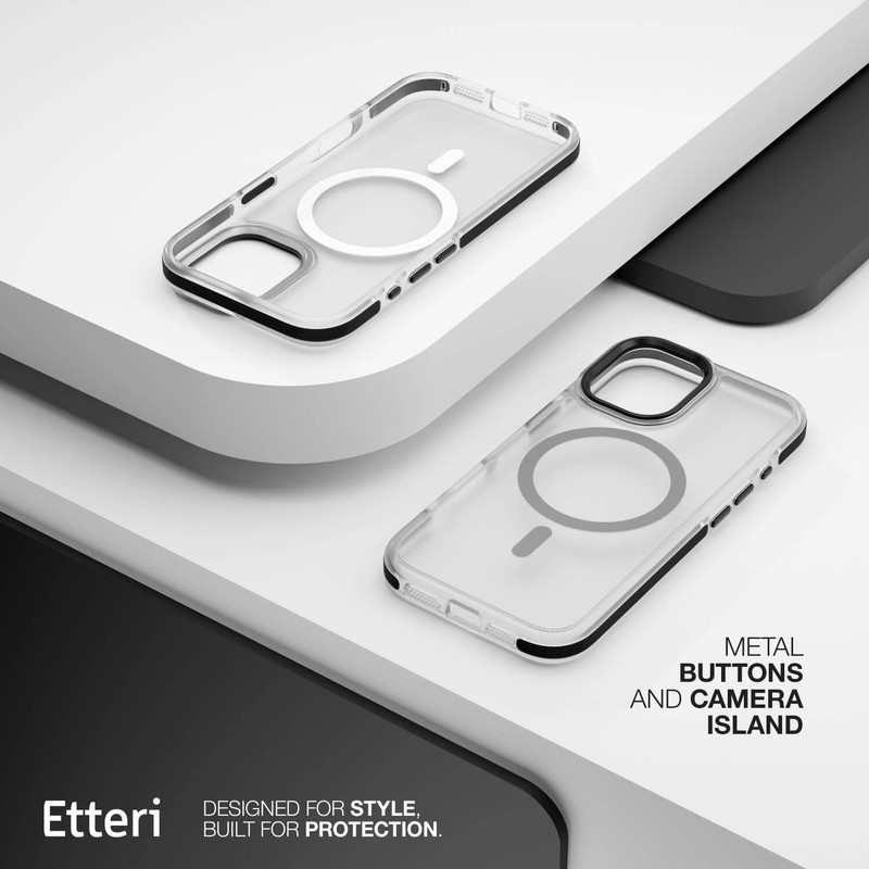 Husa Etteri Icy Mag pentru iPhone 17 Pro, Carcasa magnetica, protectie telefonica, marginile antiderapante, buton metalic, TPU (poliuretan termoplastic), PC, Negru