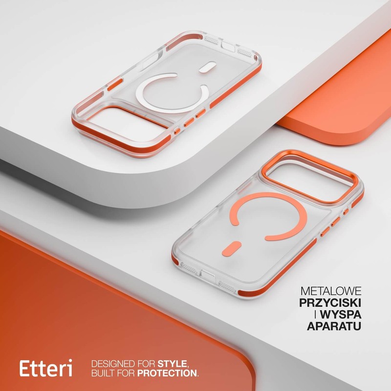 Husa Etteri Icy Mag pentru iPhone 17 Pro, Carcasa magnetica, protectie telefonica, marginile antiderapante, buton metalic, TPU (poliuretan termoplastic), PC, Portocaliu