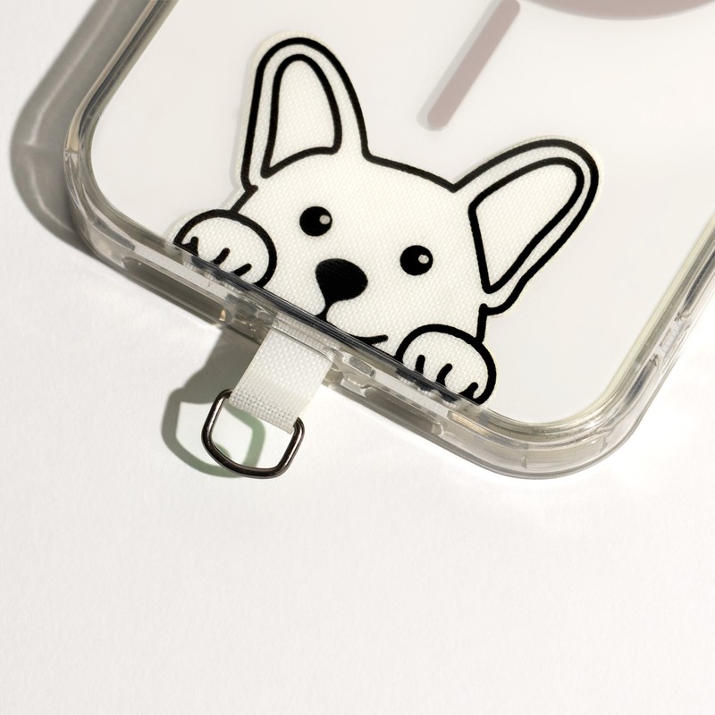 Ornament telefon cu design Dog, cu insertie din nailon sub carcasa husei, cu inel metalic de prindere exterior pentru atasarea la snur, lant sau curea si personalizare