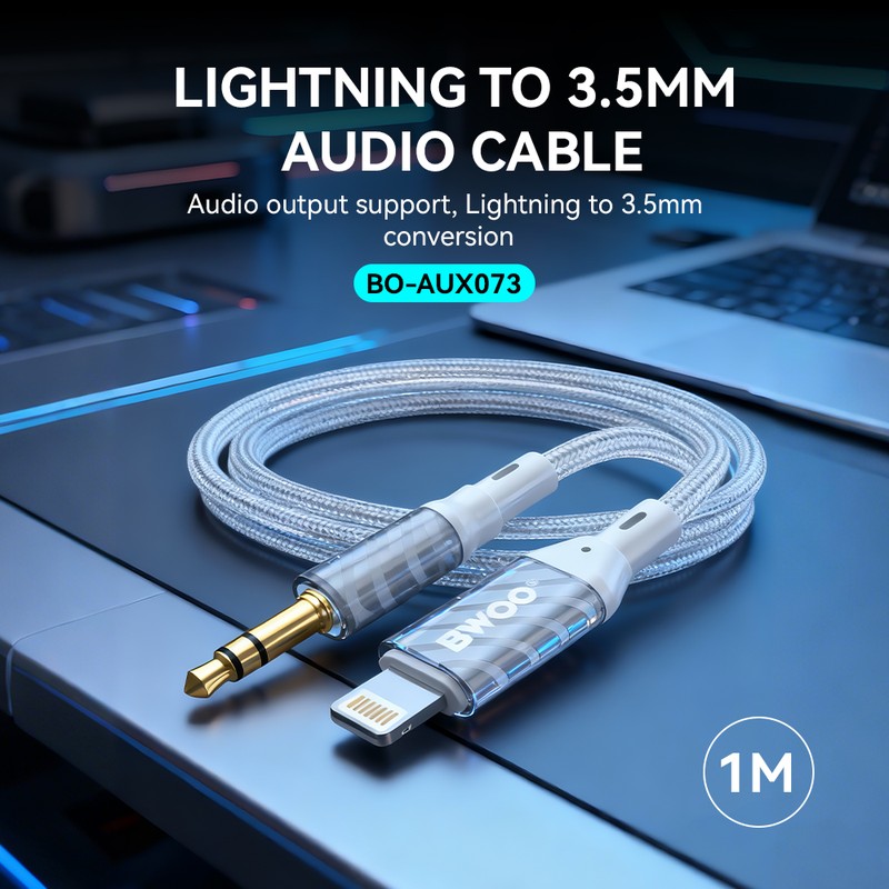 Cablu audio BWOO AUX073, Jack 3.5 mm tata la tip Lightning tata, cablu cu invelis exterior din nylon impletit cu lungime 1m intarit la capete, pentru conectarea dispozitivelor la sisteme audio, gri
