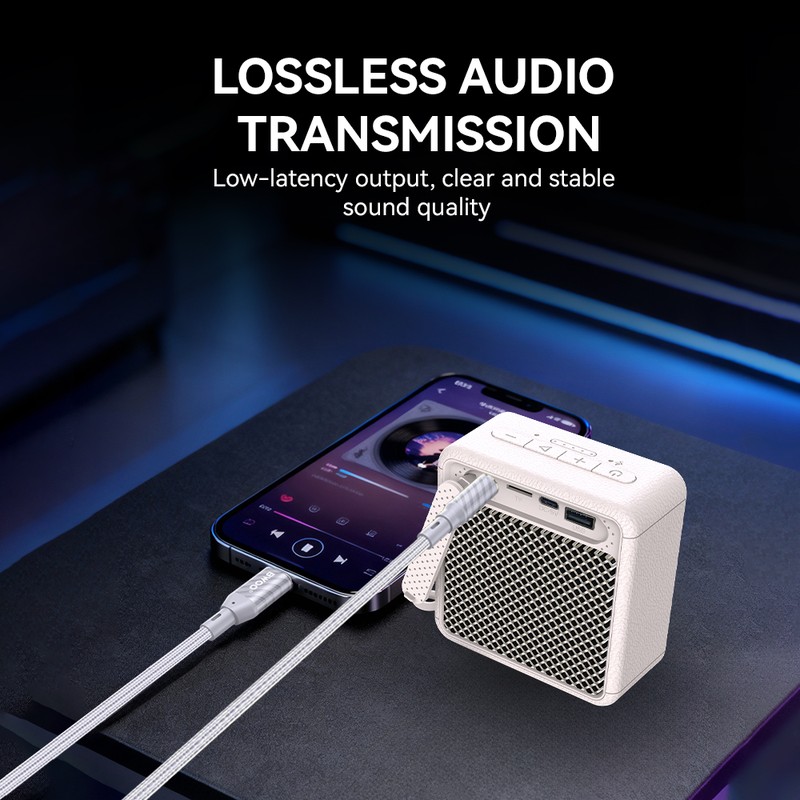 Cablu audio BWOO AUX073, Jack 3.5 mm tata la tip Lightning tata, cablu cu invelis exterior din nylon impletit cu lungime 1m intarit la capete, pentru conectarea dispozitivelor la sisteme audio, gri