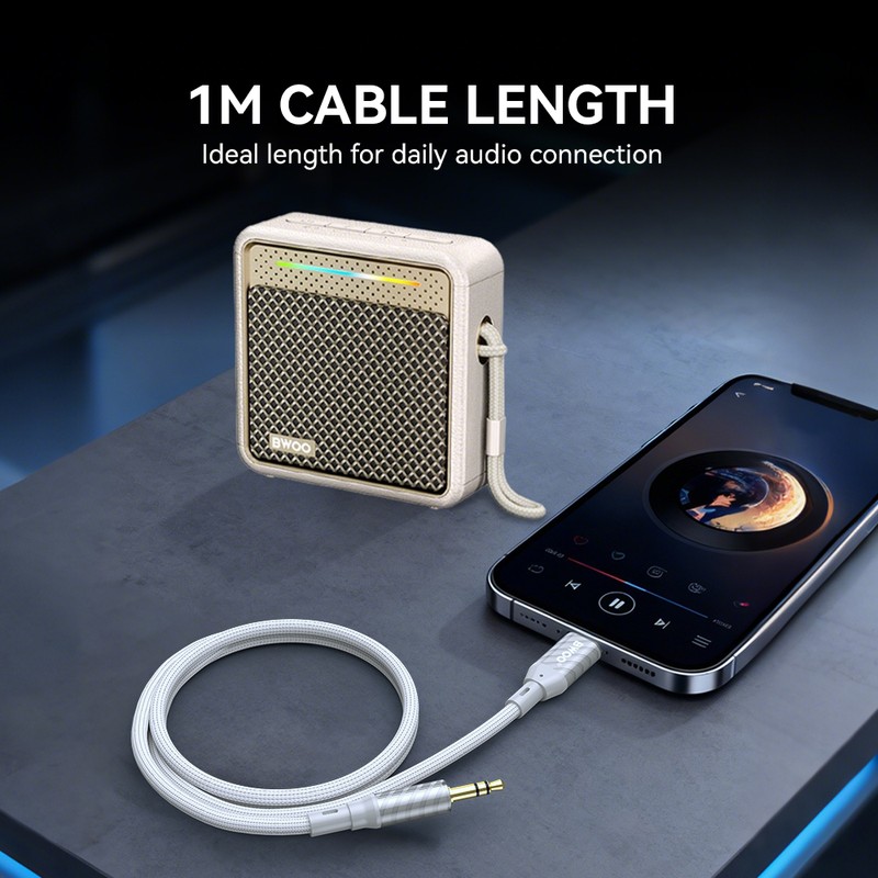 Cablu audio BWOO AUX073, Jack 3.5 mm tata la tip Lightning tata, cablu cu invelis exterior din nylon impletit cu lungime 1m intarit la capete, pentru conectarea dispozitivelor la sisteme audio, gri