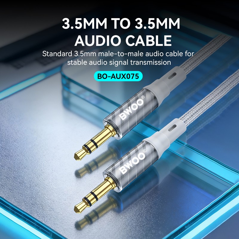 Cablu audio Bwoo AUX075, cu conectori jack 3.5 mm tata-tata , lungime 1m, cu manta impletita, interior flexibil si capete intarite, Gri