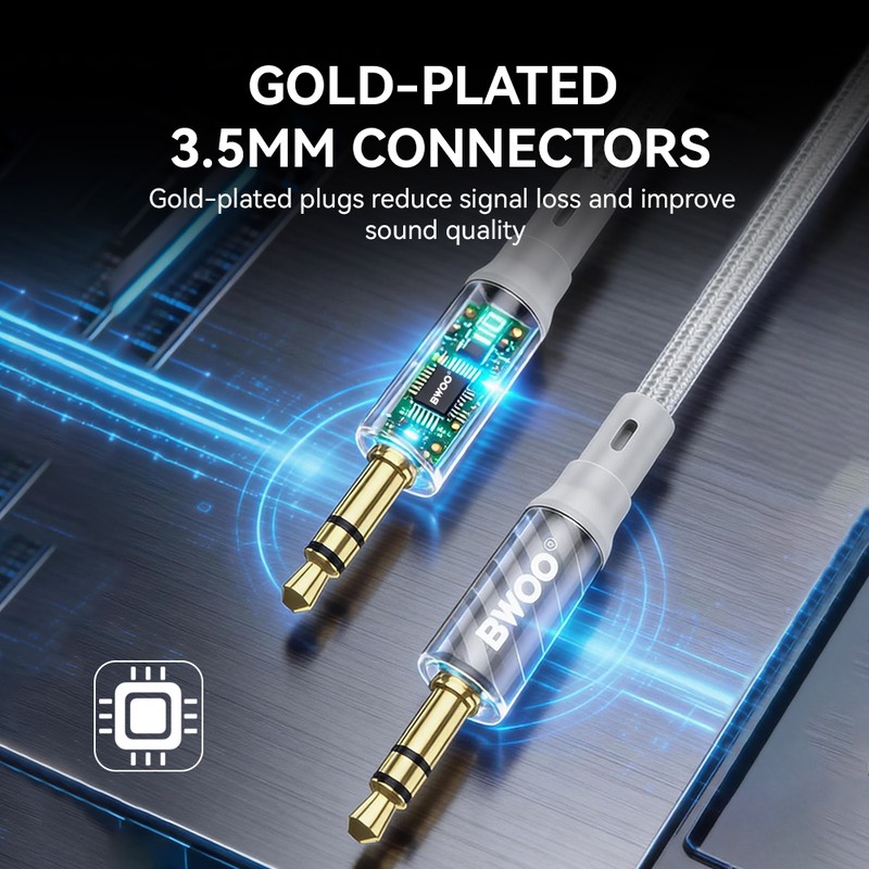 Cablu audio Bwoo AUX075, cu conectori jack 3.5 mm tata-tata , lungime 1m, cu manta impletita, interior flexibil si capete intarite, Gri