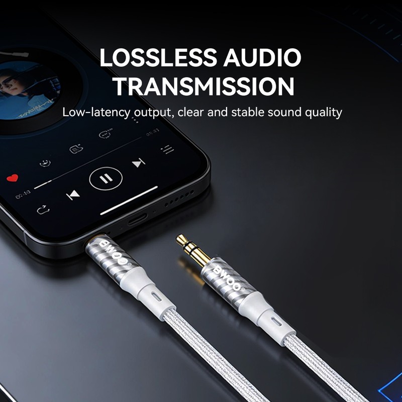 Cablu audio Bwoo AUX075, cu conectori jack 3.5 mm tata-tata , lungime 1m, cu manta impletita, interior flexibil si capete intarite, Gri