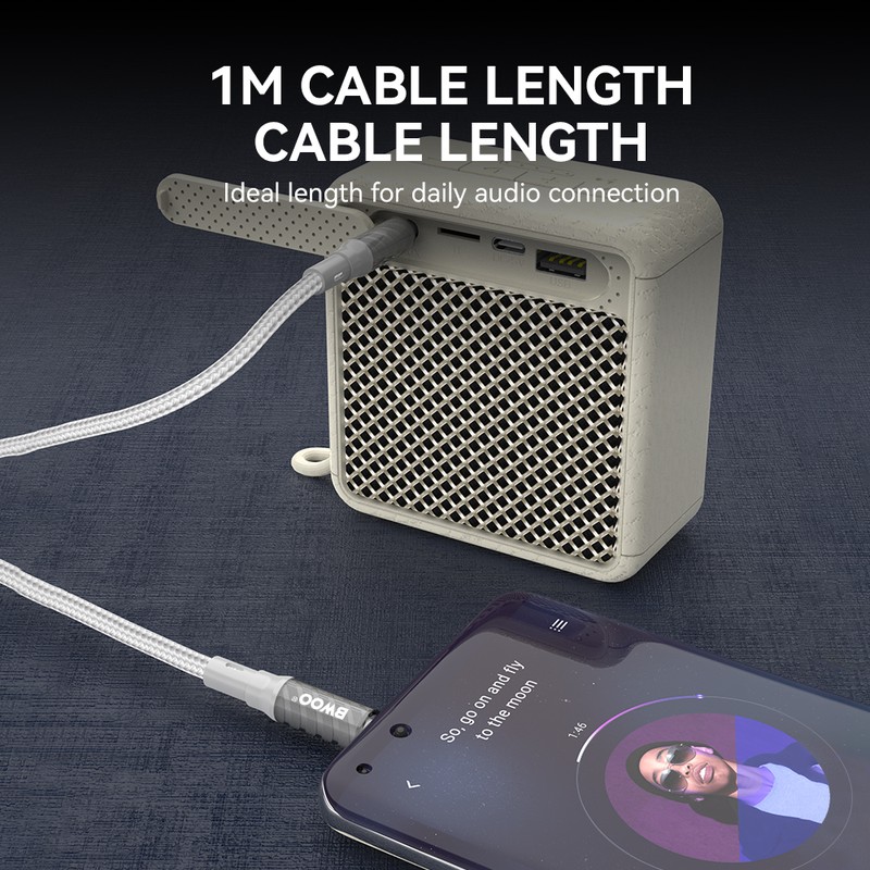 Cablu audio Bwoo AUX075, cu conectori jack 3.5 mm tata-tata , lungime 1m, cu manta impletita, interior flexibil si capete intarite, Gri
