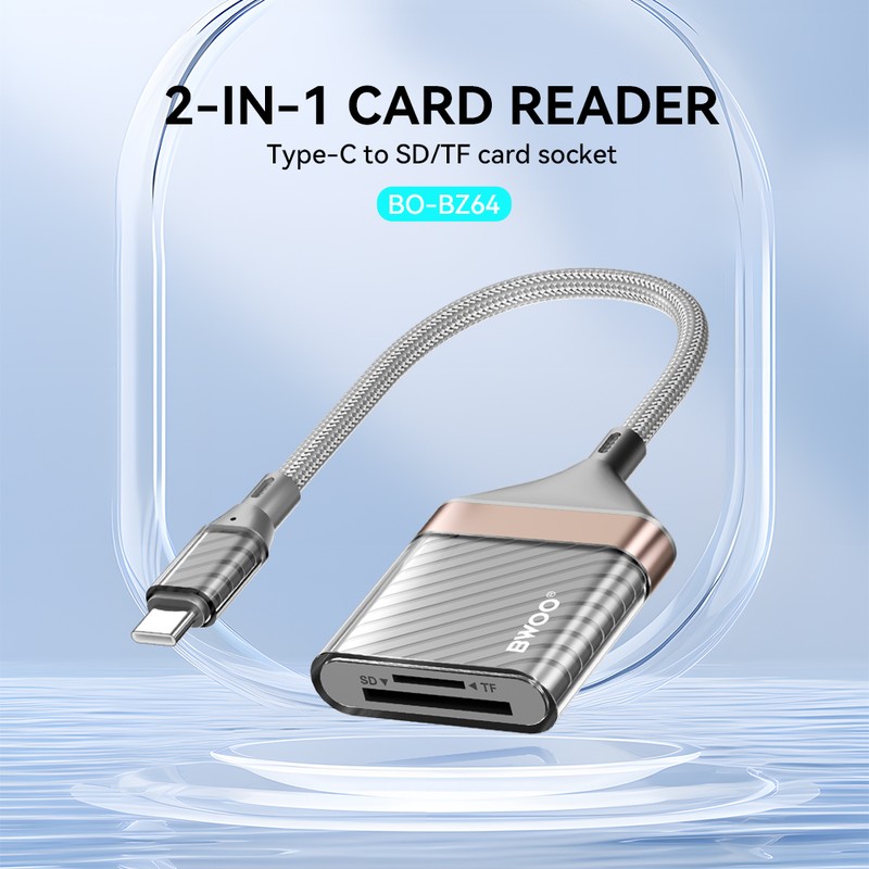 Cititor de carduri Bwoo BZ64, Adaptor Type C la card SD si microSD , cablu 0.2m, interfata USB 2.0, gri