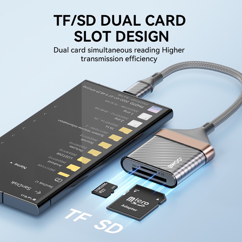 Cititor de carduri Bwoo BZ64, Adaptor Type C la card SD si microSD , cablu 0.2m, interfata USB 2.0, gri