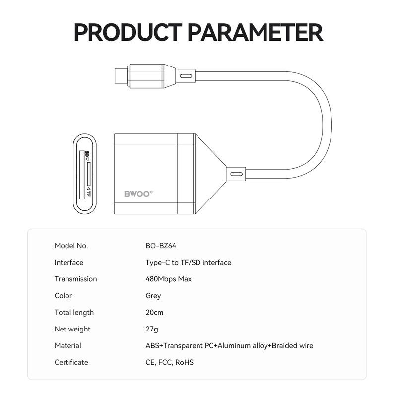 Cititor de carduri Bwoo BZ64, Adaptor Type C la card SD si microSD , cablu 0.2m, interfata USB 2.0, gri