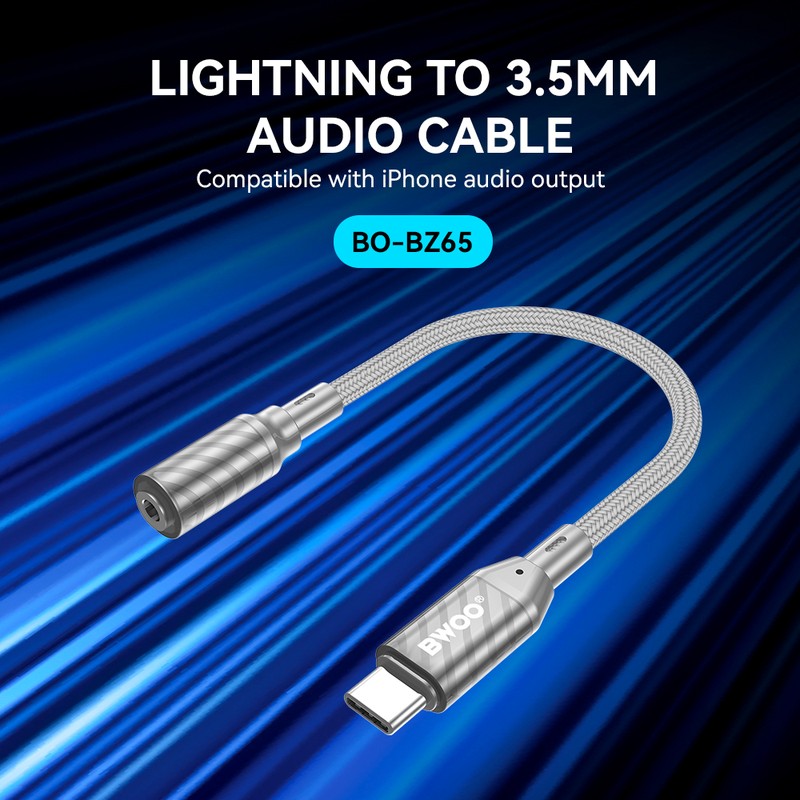 Adaptor BWOO BZ65 Audio & Data, USB-C tata la Jack 3.5 mm mama, cablu 0.18m, AUX 3.5mm la Type-C, gri