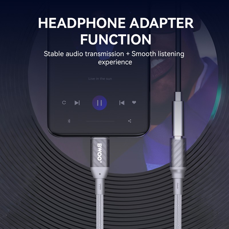 Adaptor BWOO BZ65 Audio & Data, USB-C tata la Jack 3.5 mm mama, cablu 0.18m, AUX 3.5mm la Type-C, gri