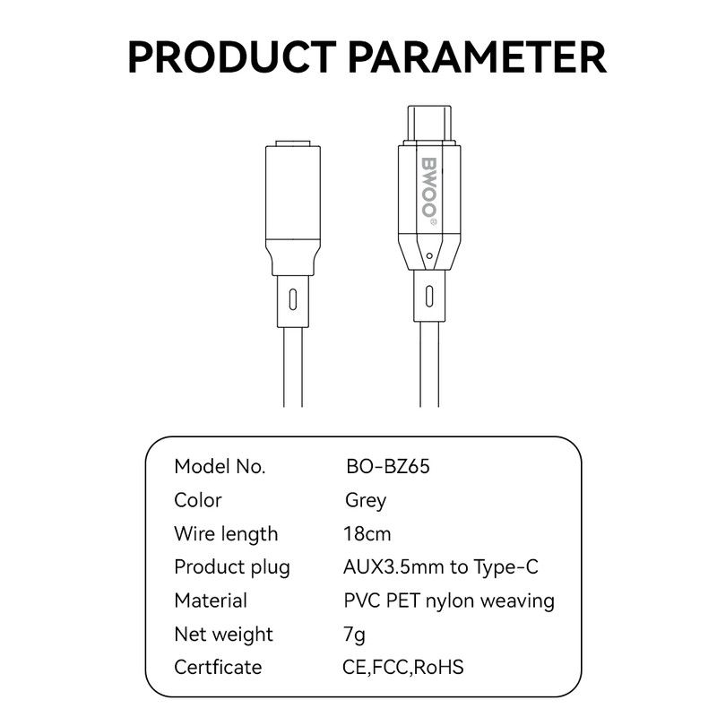 Adaptor BWOO BZ65 Audio & Data, USB-C tata la Jack 3.5 mm mama, cablu 0.18m, AUX 3.5mm la Type-C, gri