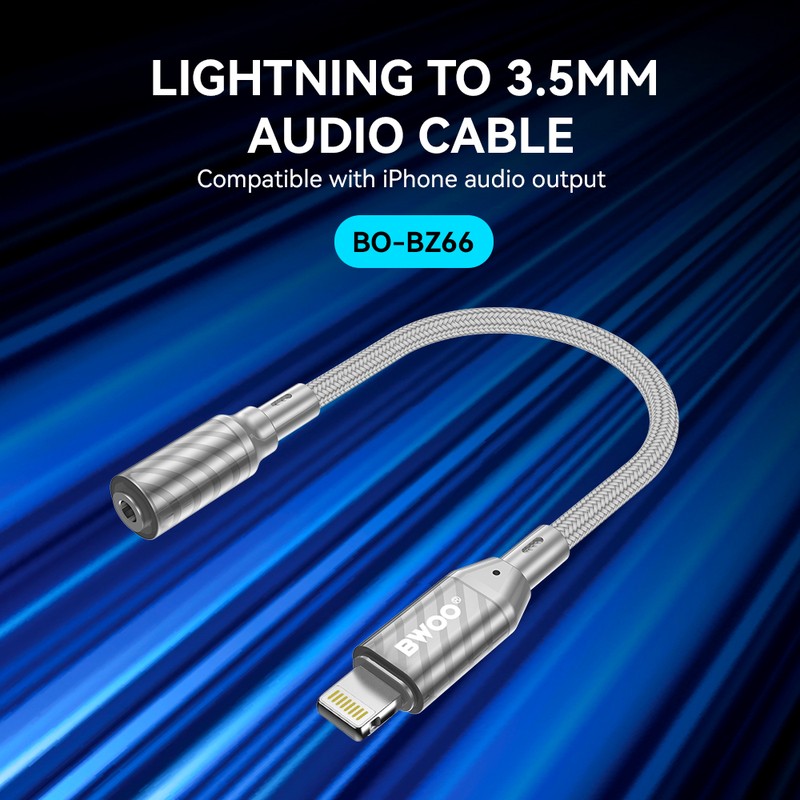 Adaptor BWOO BZ66 Audio & Data, tip Lightning tata la Jack 3.5 mm mama, cablu 0.18m, AUX 3.5mm la tip Lightning, gri