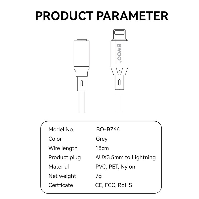 Adaptor BWOO BZ66 Audio & Data, tip Lightning tata la Jack 3.5 mm mama, cablu 0.18m, AUX 3.5mm la tip Lightning, gri