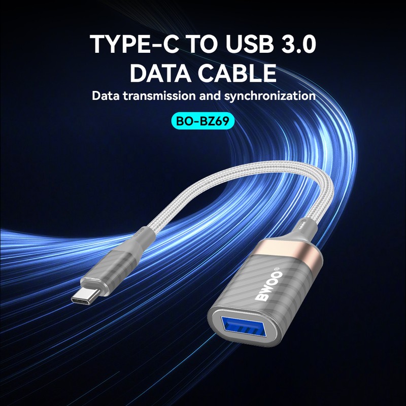 Adaptor OTG BWOO BZ69, USB-C tata la USB mama, cablu 0.18m cu invelis exterior nylon impletit, interfata USB 3.0, 5Gbps,  gri