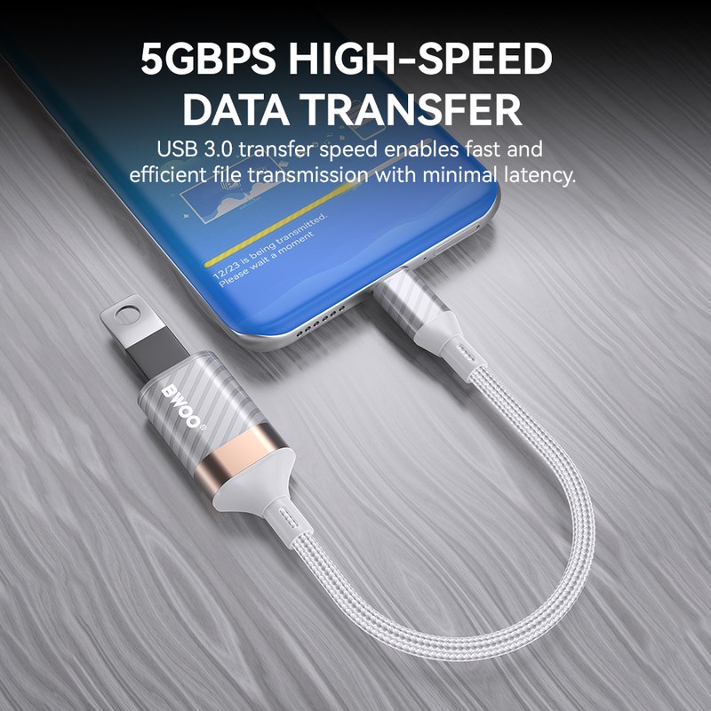 Adaptor OTG BWOO BZ69, USB-C tata la USB mama, cablu 0.18m cu invelis exterior nylon impletit, interfata USB 3.0, 5Gbps,  gri