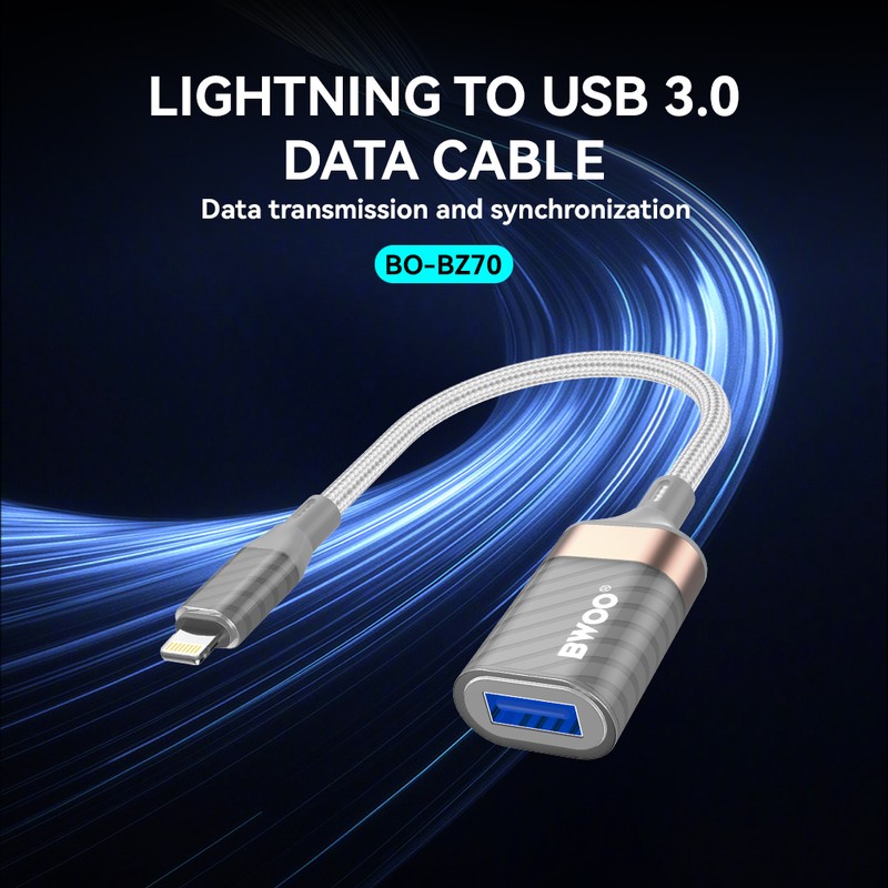 Adaptor OTG BWOO BZ70, tip Lightning la USB mama, cablu 0.18m cu invelis exterior nylon impletit, interfata USB 3.0, 5Gbps, gri