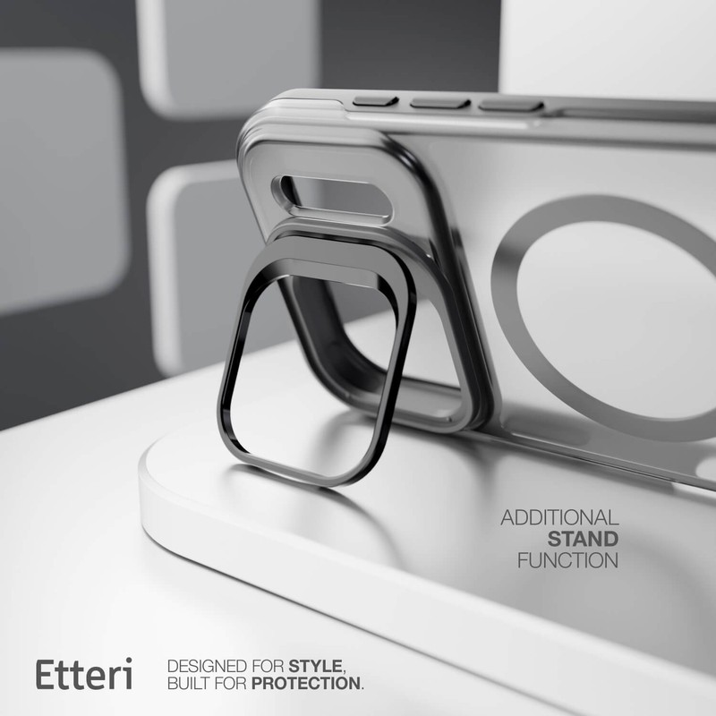 Husa Etteri Morning Fog pentru iPhone 15 Pro, Carcasa magnetica, functia de suport, buton metalic, PC, TPU (poliuretan termoplastic), Negru