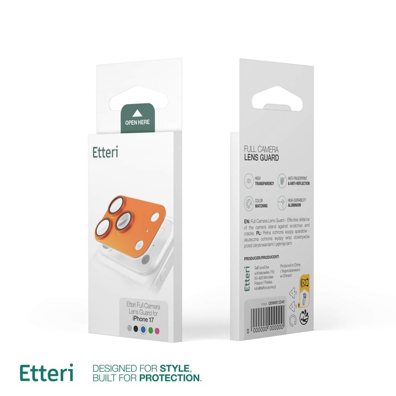 Folie protectie camera pentru iPhone 17 Pro, 9H, Etteri, Full Guard, Portocaliu