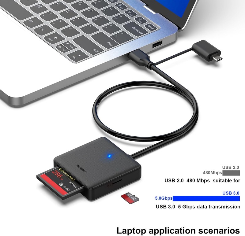 Cititor de carduri Benfei 4 in 1, citeste SD MicroSD MS CF, conectare USB-C USB-A, interfata USB 3.0, cablu 0.63m