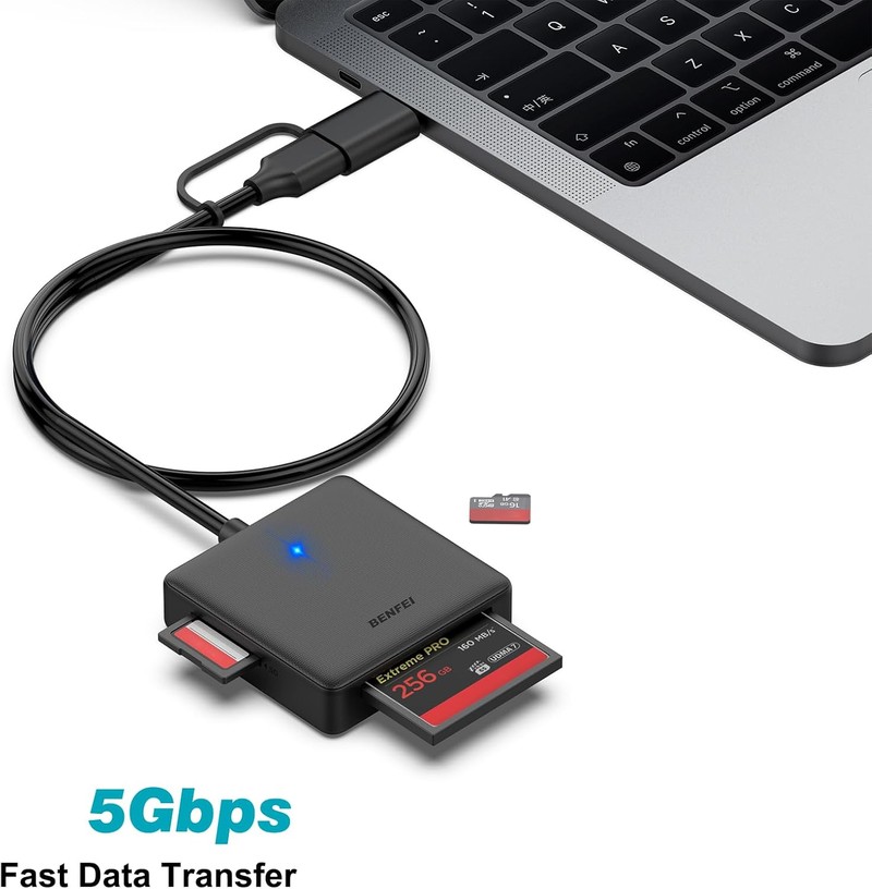 Cititor de carduri Benfei 4 in 1, citeste SD MicroSD MS CF, conectare USB-C USB-A, interfata USB 3.0, cablu 0.63m