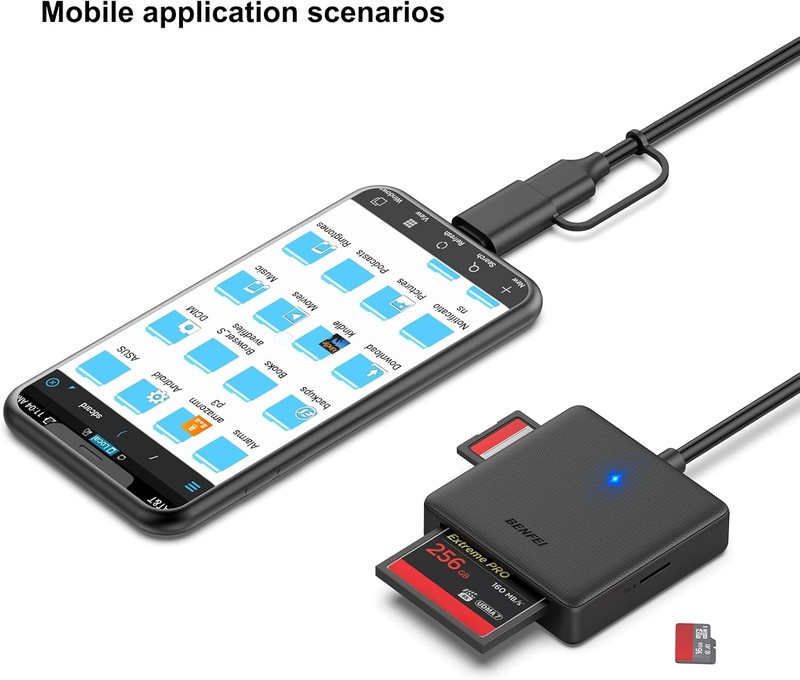 Cititor de carduri Benfei 4 in 1, citeste SD MicroSD MS CF, conectare USB-C USB-A, interfata USB 3.0, cablu 0.63m