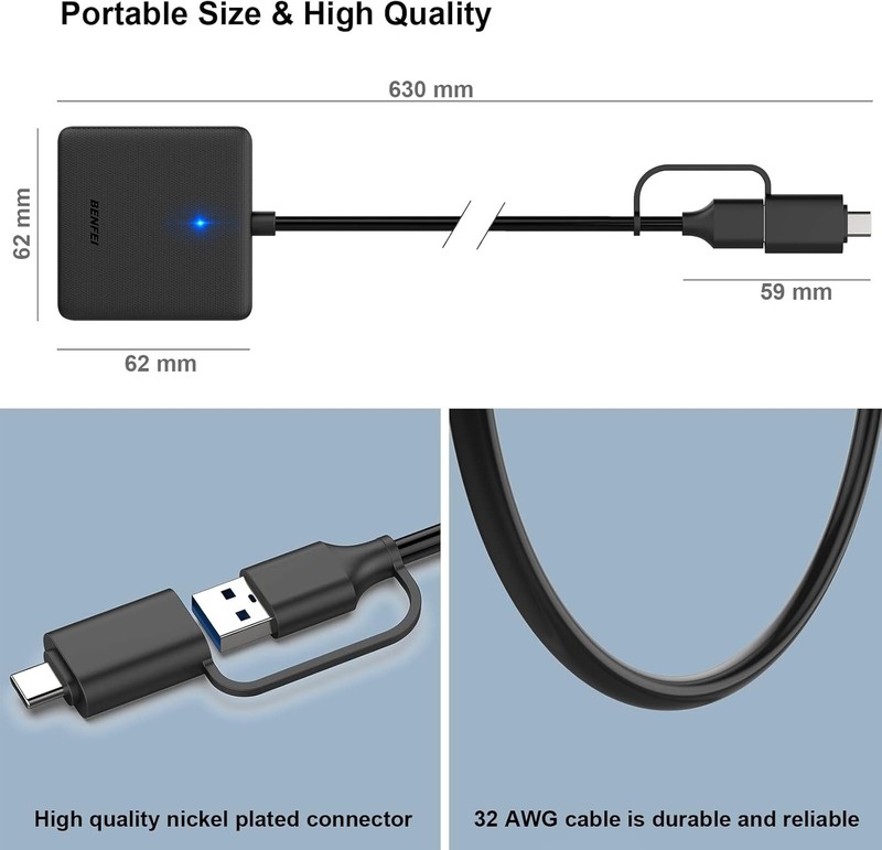 Cititor de carduri Benfei 4 in 1, citeste SD MicroSD MS CF, conectare USB-C USB-A, interfata USB 3.0, cablu 0.63m