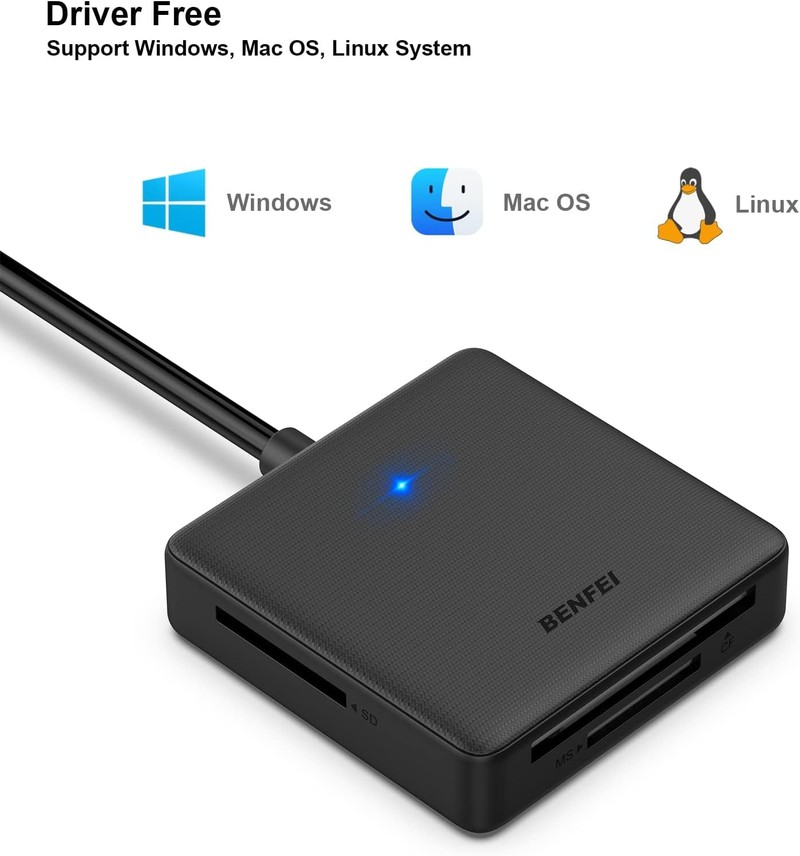 Cititor de carduri Benfei 4 in 1, citeste SD MicroSD MS CF, conectare USB-C USB-A, interfata USB 3.0, cablu 0.63m