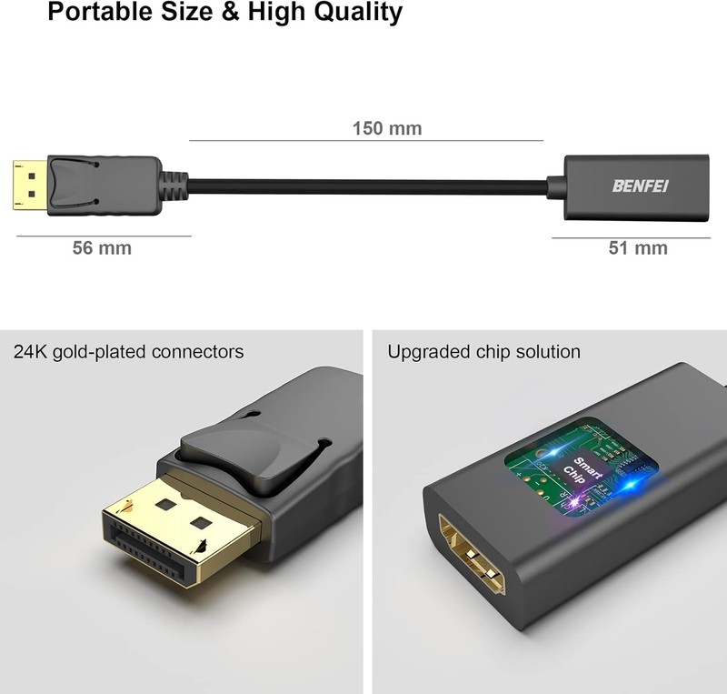 Adaptor unidirectional Benfei, DisplayPort 1.2 la HDMI 1.4 4K, cablu 0.15m, Negru