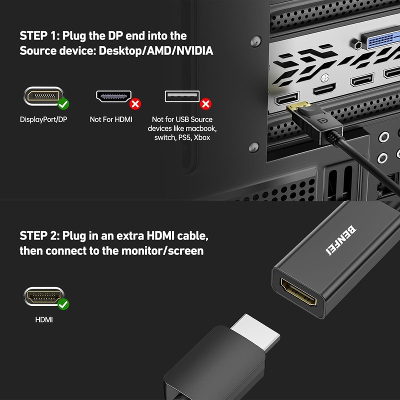 Adaptor unidirectional Benfei, DisplayPort 1.2 la HDMI 1.4 4K, cablu 0.15m, Negru