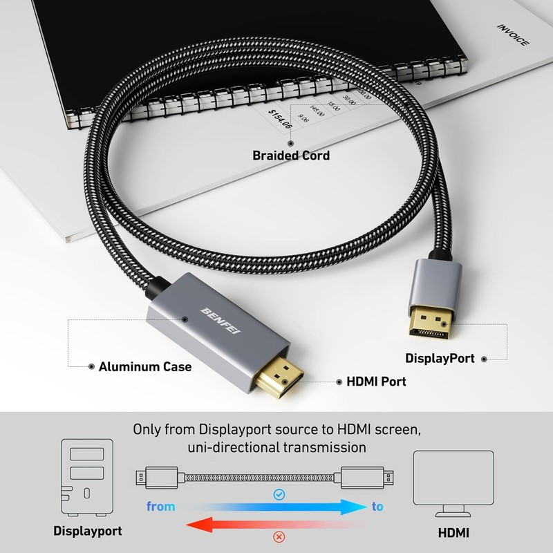 Cablu Benfei 4K DisplayPort 1.2 to HDMI 1.4 unidirectional, lungime 0.9m, invelis exterior textil impletit, conectori in carcasa de aluminiu, Gri