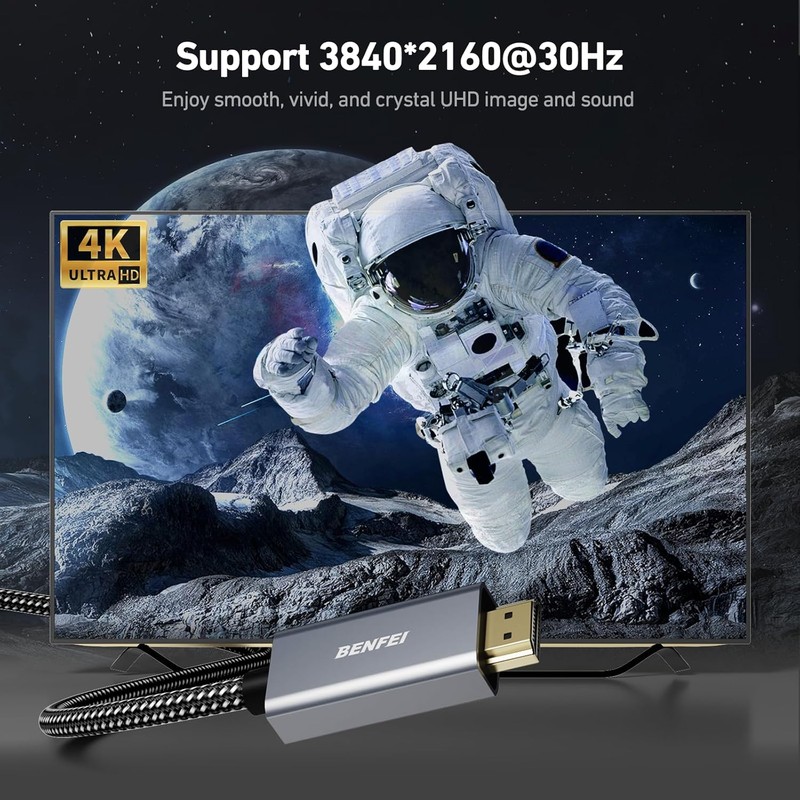 Cablu Benfei 4K DisplayPort 1.2 to HDMI 1.4 unidirectional, lungime 0.9m, invelis exterior textil impletit, conectori in carcasa de aluminiu, Gri