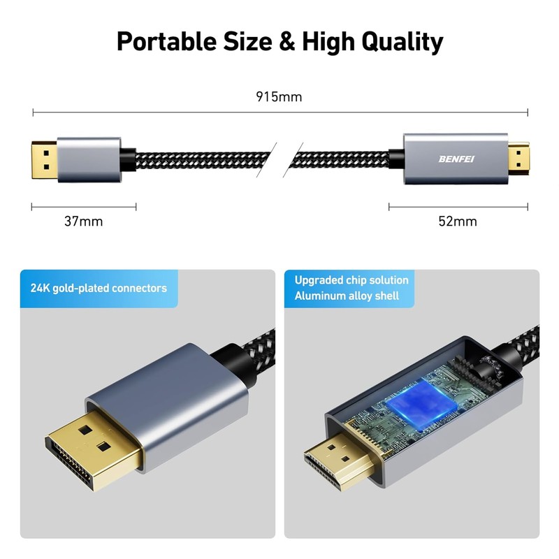Cablu Benfei 4K DisplayPort 1.2 to HDMI 1.4 unidirectional, lungime 0.9m, invelis exterior textil impletit, conectori in carcasa de aluminiu, Gri