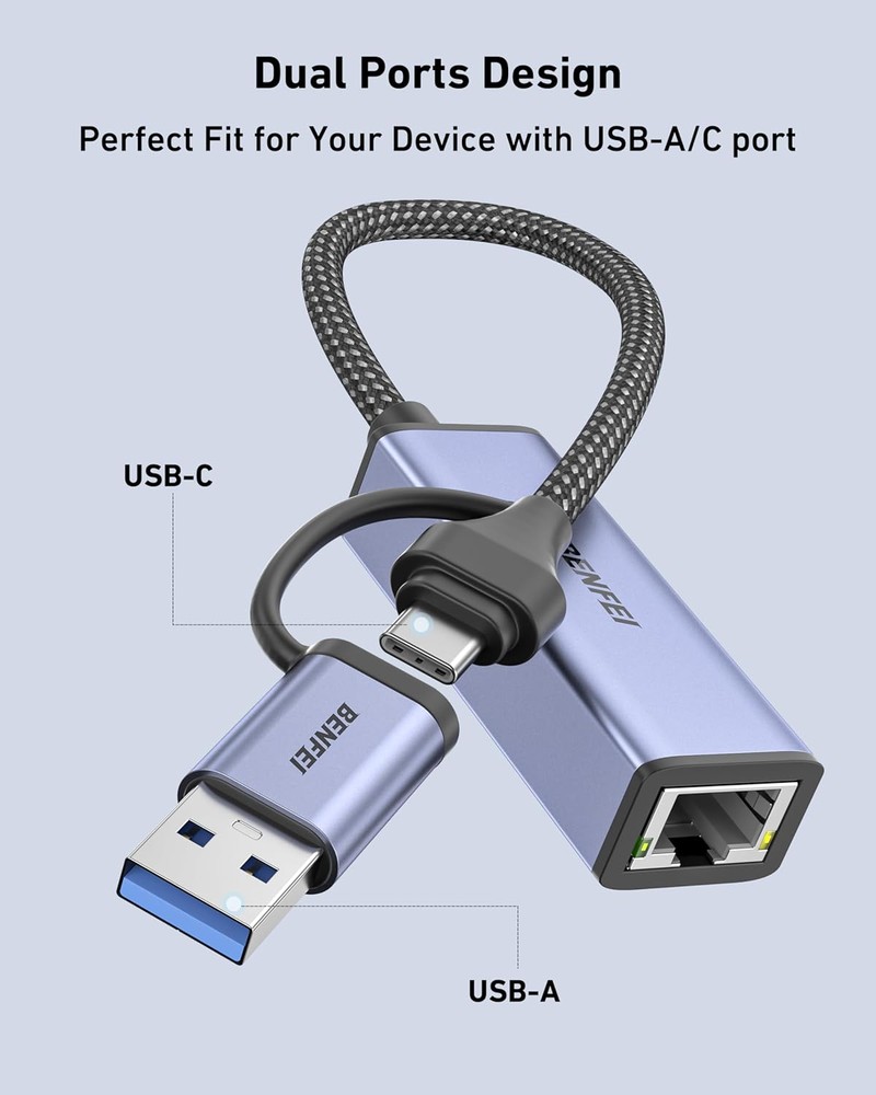 Placa retea Gigabit 1000 Mbps, RJ45 la USB-A si USB-C, Benfei, interfata USB 3.0, carcasa aluminiu, gri