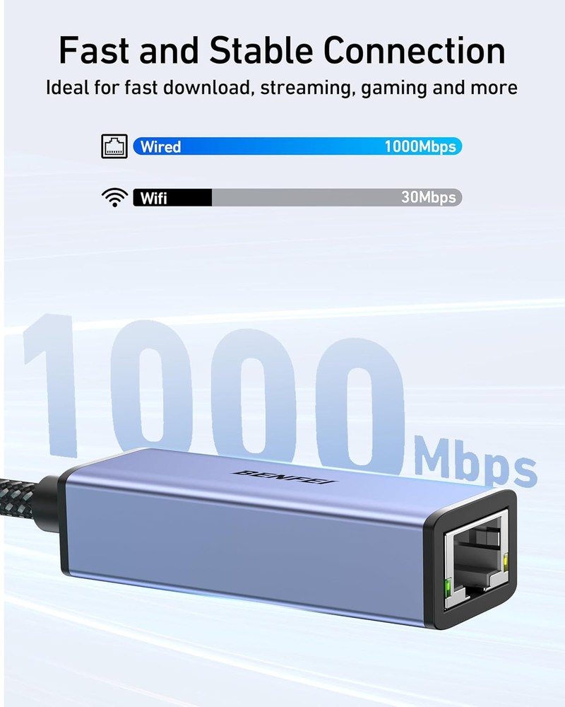 Placa retea Gigabit 1000 Mbps, RJ45 la USB-A si USB-C, Benfei, interfata USB 3.0, carcasa aluminiu, gri