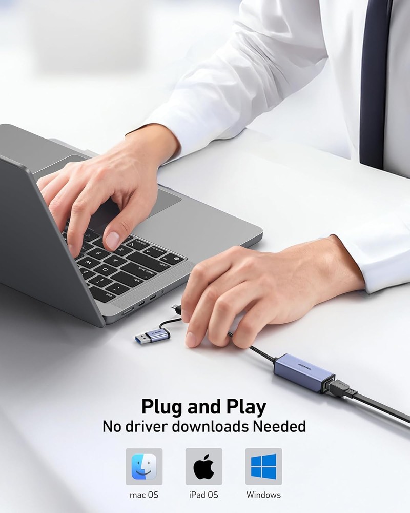 Placa retea Gigabit 1000 Mbps, RJ45 la USB-A si USB-C, Benfei, interfata USB 3.0, carcasa aluminiu, gri