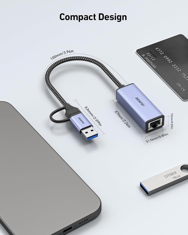 Placa retea Gigabit 1000 Mbps, RJ45 la USB-A si USB-C, Benfei, interfata USB 3.0, carcasa aluminiu, gri