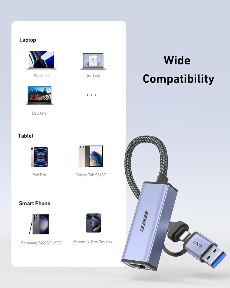 Placa retea Gigabit 1000 Mbps, RJ45 la USB-A si USB-C, Benfei, interfata USB 3.0, carcasa aluminiu, gri