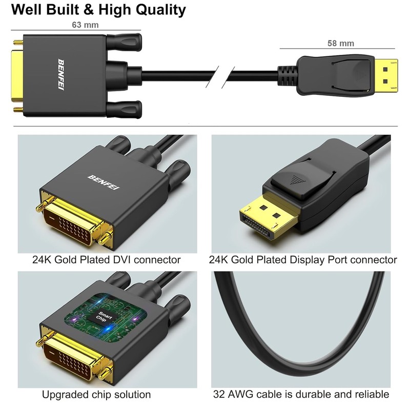 Cablu Benfei DisplayPort to DVI (24+1) 0,9 m, lungime 0.9m, Full HD 1080p 1920x1080 @ 60Hz, 32AWG, Negru