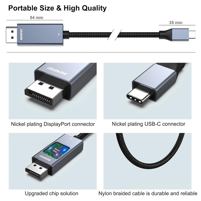 Cablu Benfei 8K USB-C la DisplayPort, 7680x4320 la 60Hz, 4K 144Hz, lungime 0.9m, invelis exterior nylon impletit, carcasa conectori din aluminiu, Gri