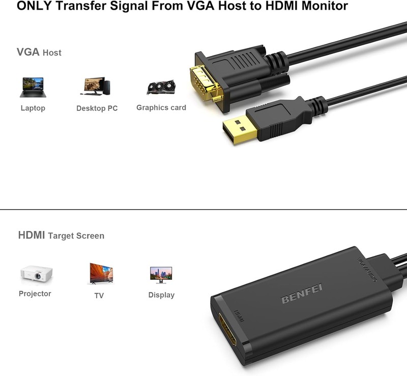 Adaptor Benfei VGA la HDMI, Full HD 1920x1080 @ 60Hz 1080P, cablu audio incorporat, lungime cablu 0.26m, cu conexiune USB pentru alimentare suplimentara, Negru