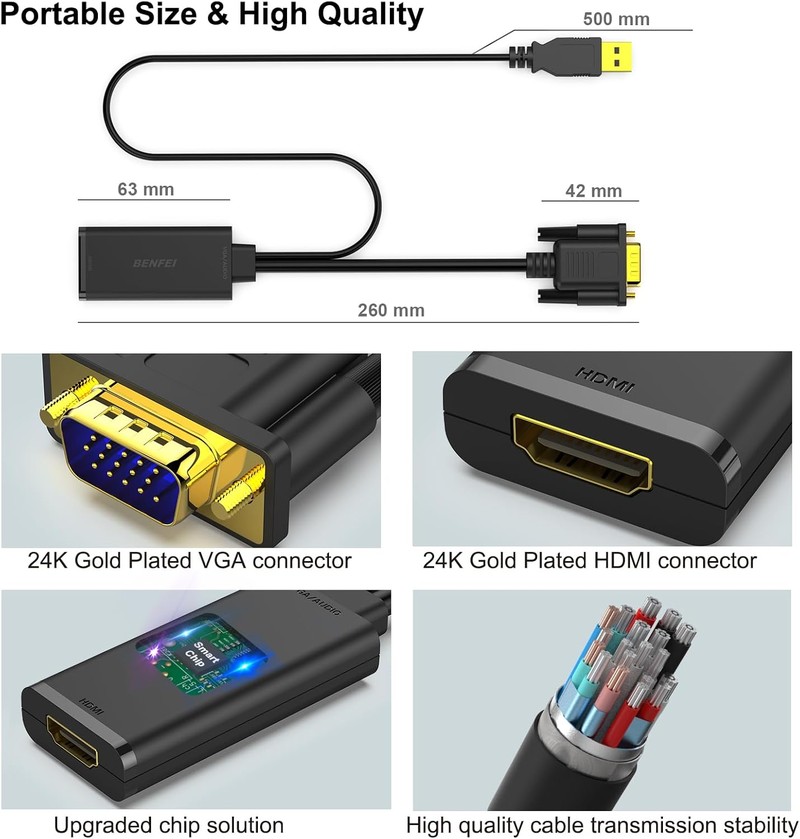 Adaptor Benfei VGA la HDMI, Full HD 1920x1080 @ 60Hz 1080P, cablu audio incorporat, lungime cablu 0.26m, cu conexiune USB pentru alimentare suplimentara, Negru